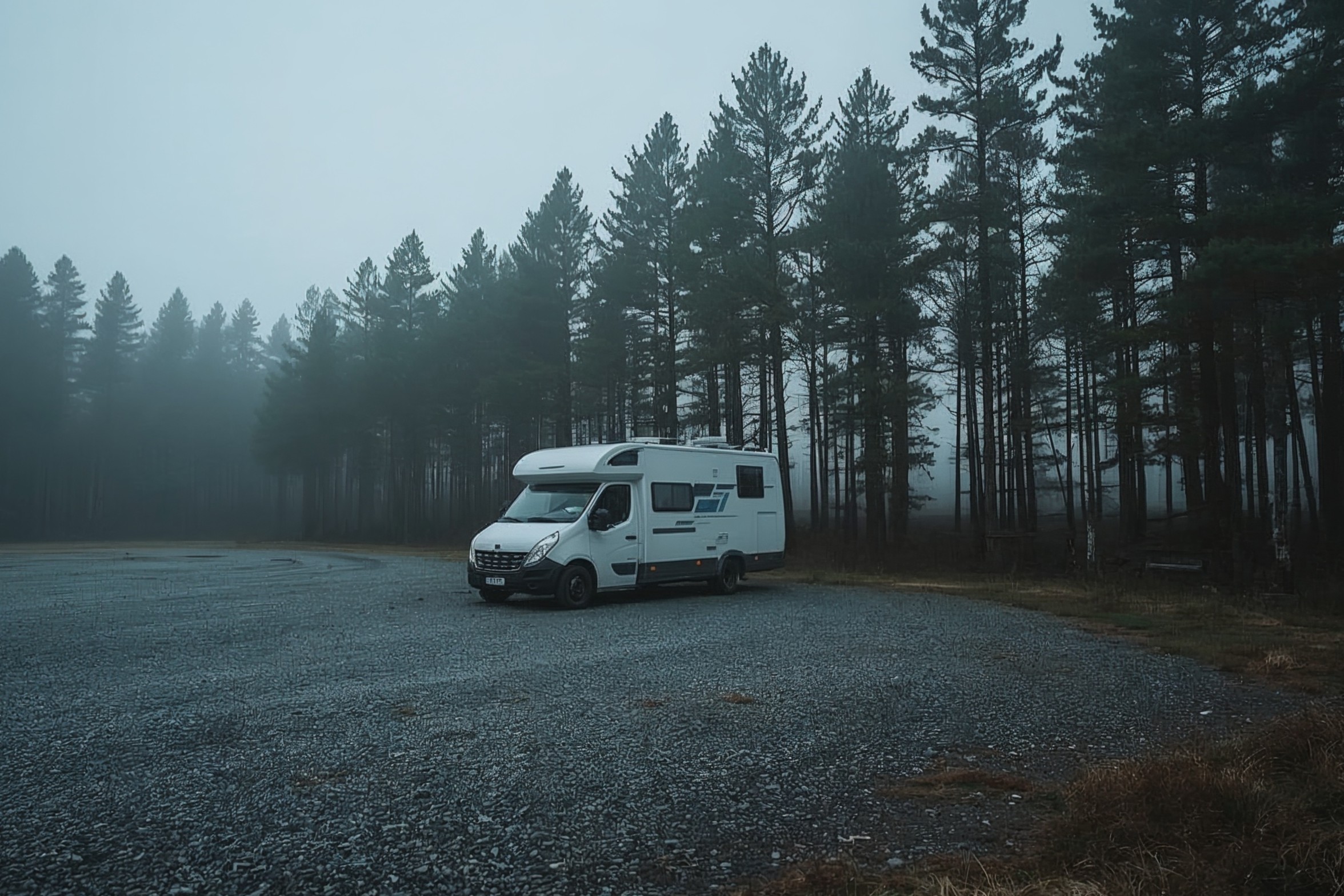 The campervan is parked in a legal car park in the woodland